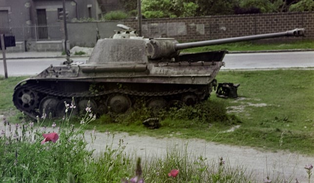 BELGIUM. 1947. A destroyed German "Panther" tank.